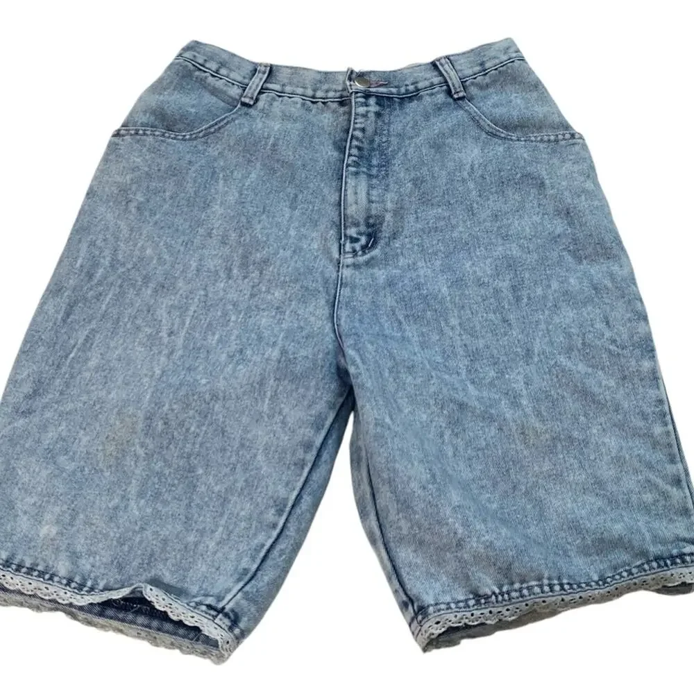 Vintage 80s Amilano Acid Wash High Waisted Denim 9” Shorts Eyelet Lace Sz 11/12